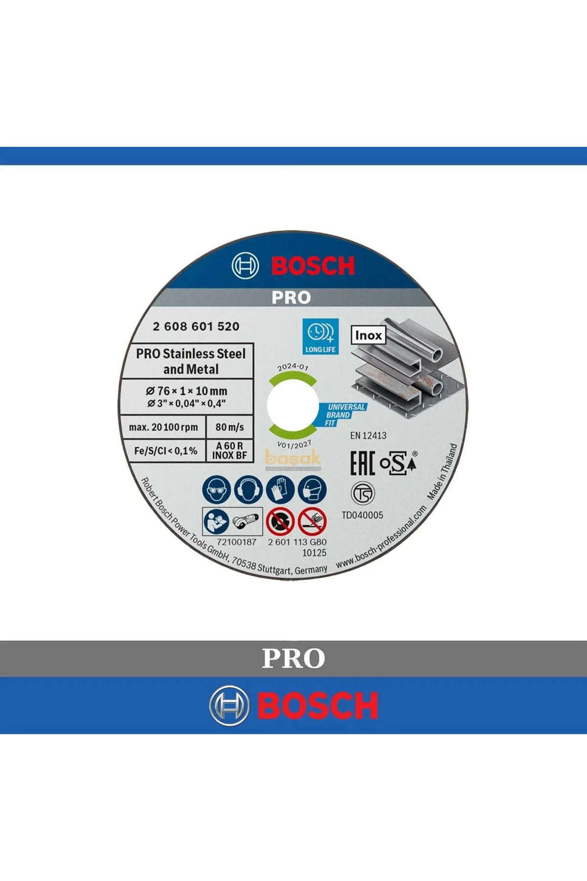 Bosch 76x1x10mm Inox Kesme Diski (5li pkt) GWS 12V-76 için 2608601520