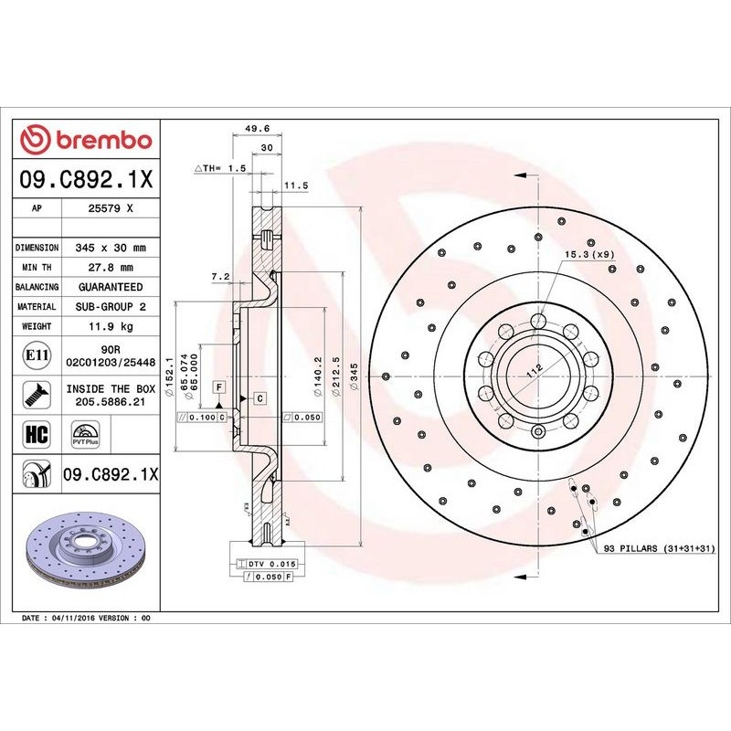 ON FREN DISKI DELIKLI-345X30 5×112 (VW GOLF 06-13  PASSAT 06-12  AUDI A3 04-13  SEAT LEON 06-13) 1K0615301M