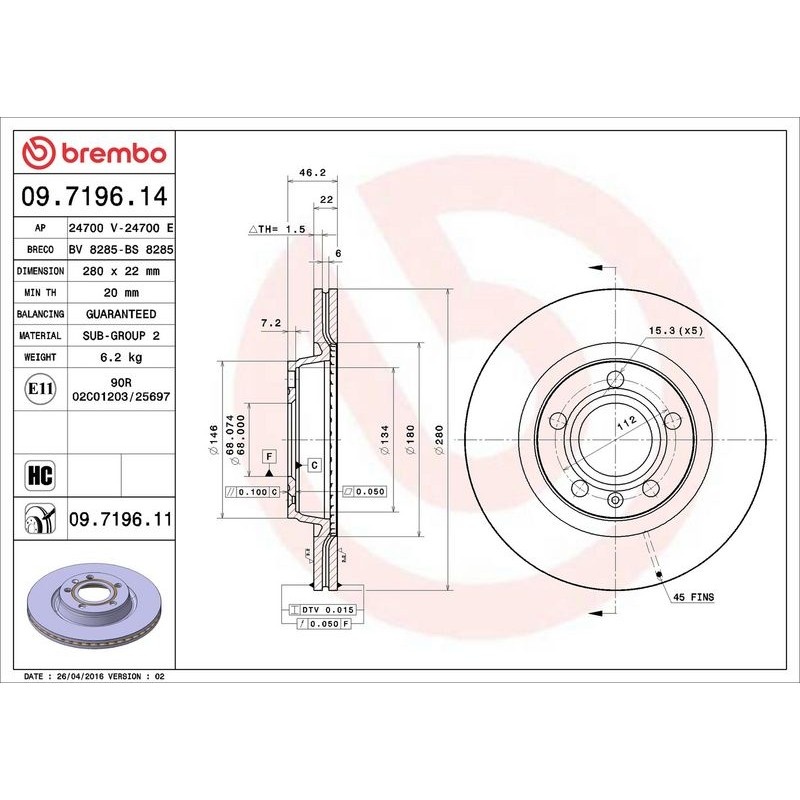 2 Adet ON FREN DISKI-280X22 5×112 (VW PASSAT 97-00  AUDI A4 95-08  SEAT EXEO 09-14) 8E0615301P