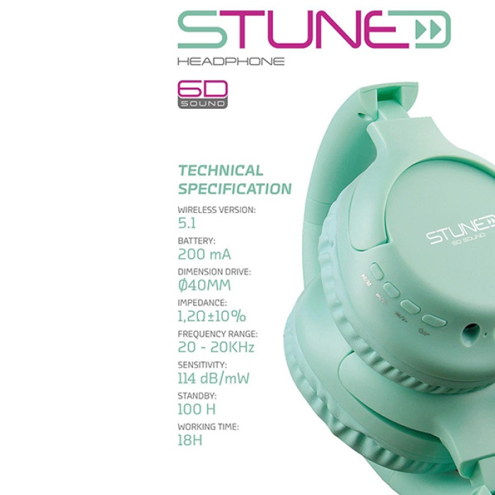 Stune Kulaküstü Bluetooth Kulaklık 6D Sound (Turkuaz)