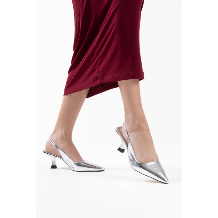 Angelica Kadın Gümüş Kırışık Rugan Topuklu Ayakkabı