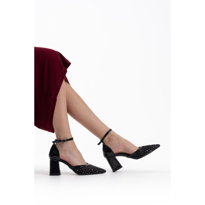 Borie Siyah Tekstil Kumaş Taşlı Kadın Topuklu Ayakkabı