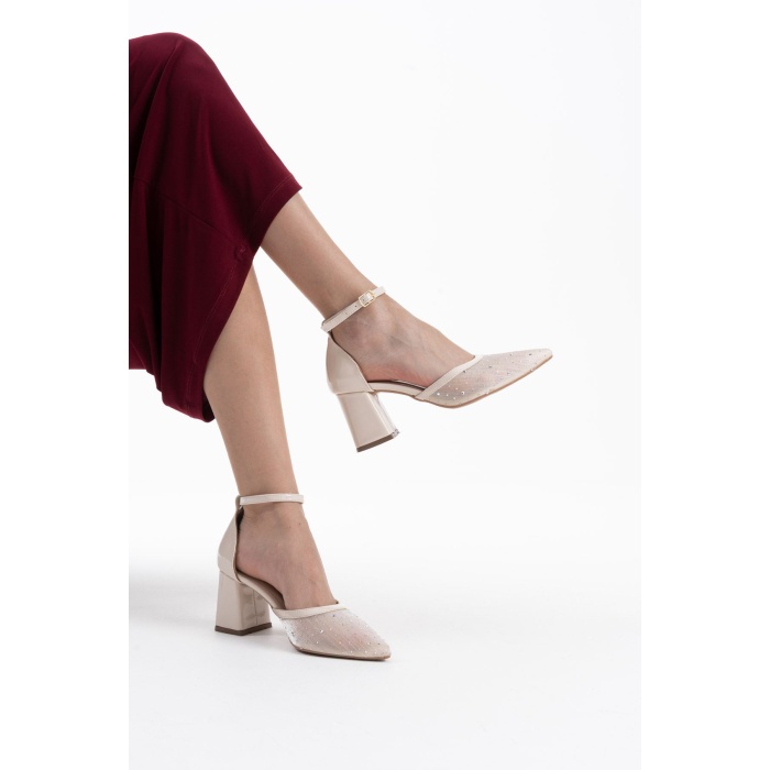 Borie Bej Tekstil Kumaş Taşlı Kadın Topuklu Ayakkabı