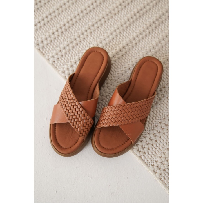 Fayn Taba Örgü Desenli Hakiki Deri Terlik