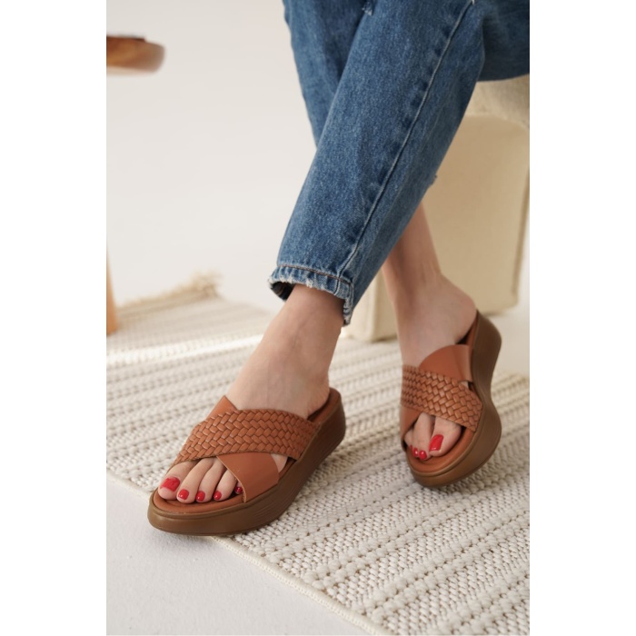 Fayn Taba Örgü Desenli Hakiki Deri Terlik