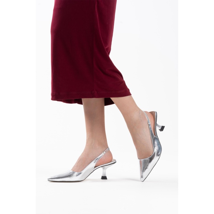 Angelica Kadın Gümüş Kırışık Rugan Topuklu Ayakkabı