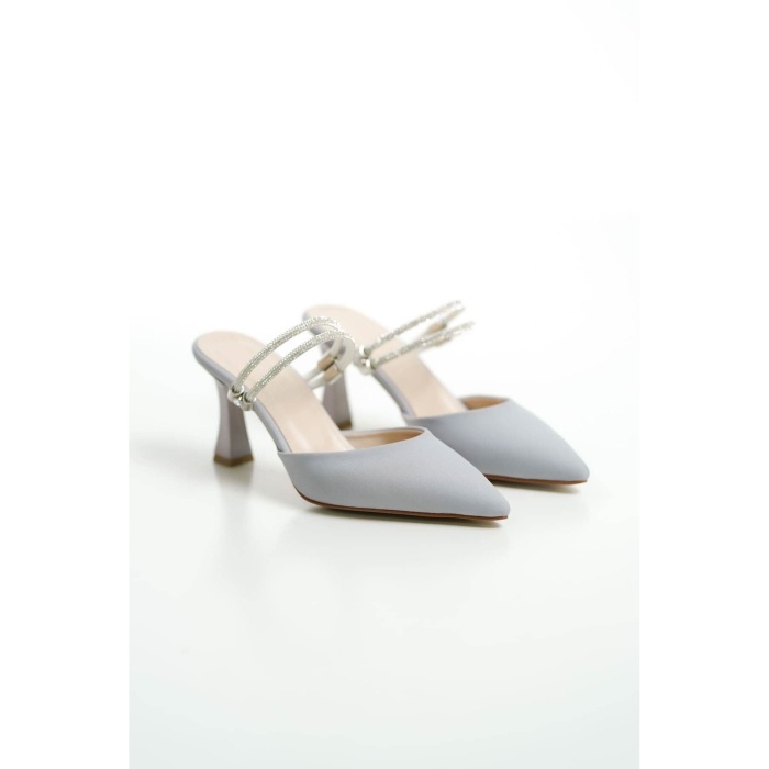 Georgina Kadın Taşlı Gri Saten Topuklu Ayakkabı