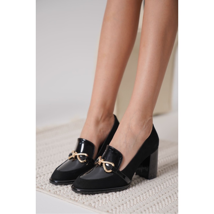 Melly Siyah Rugan Süet Detaylı Kadın Topuklu Ayakkabı