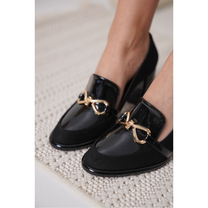 Melly Siyah Rugan Süet Detaylı Kadın Topuklu Ayakkabı