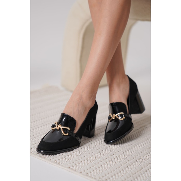 Melly Siyah Rugan Süet Detaylı Kadın Topuklu Ayakkabı