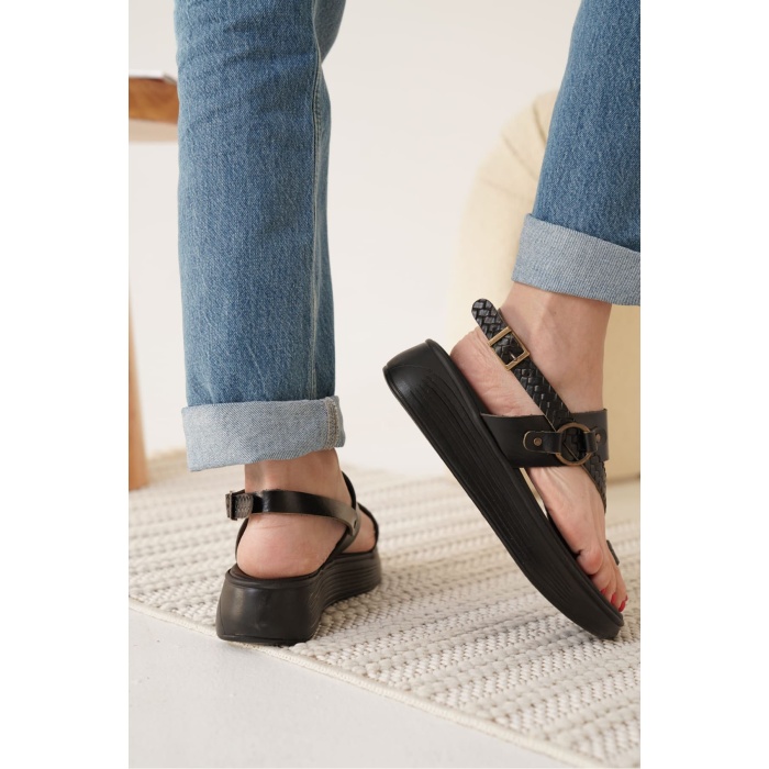 Likya Siyah Hakiki Deri Sandalet