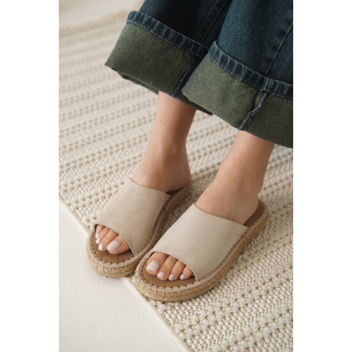 Grey Süet Bej Kadın Terlik