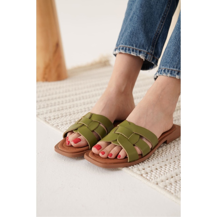 Marlen Haki Yeşili Hakiki Deri Terlik