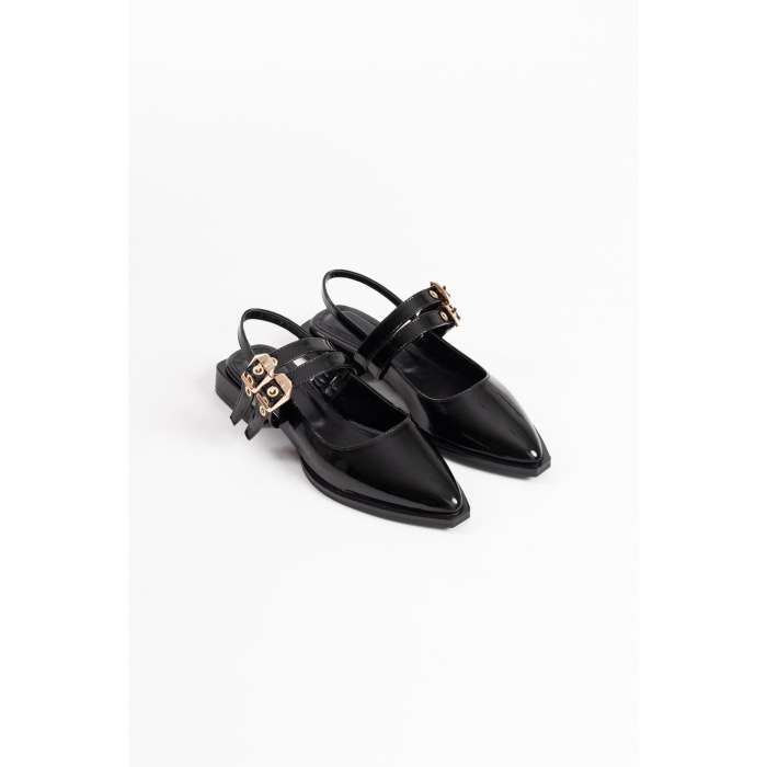 Blues Siyah Rugan Kemer Detaylı Kadın Topuklu Ayakkabı