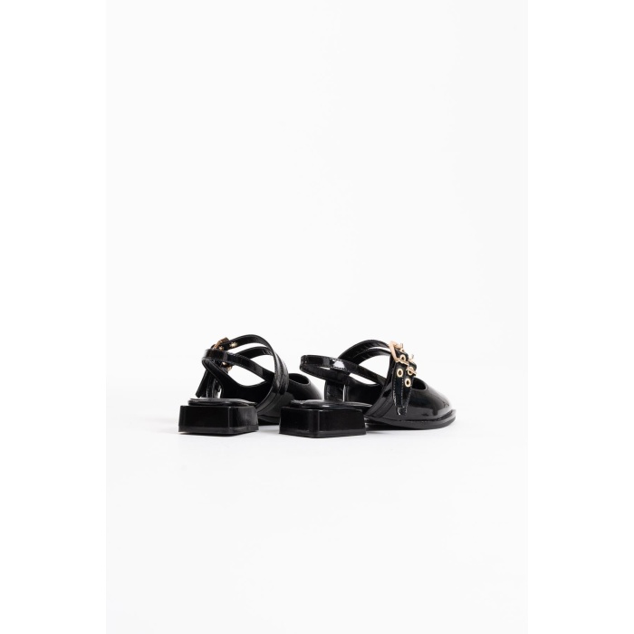 Blues Siyah Rugan Kemer Detaylı Kadın Topuklu Ayakkabı