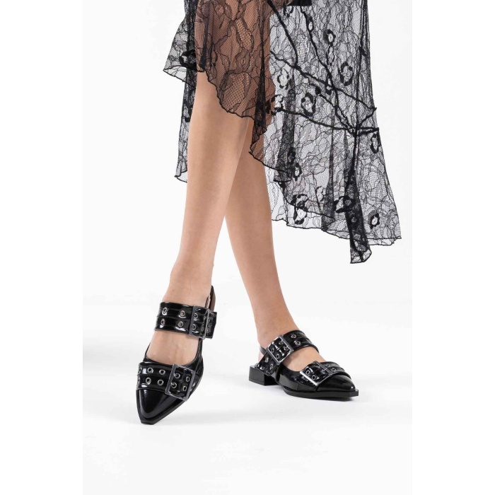 Pony Siyah Rugan Kemer Detaylı Kadın Topuklu Ayakkabı