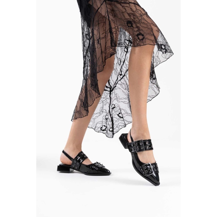 Pony Siyah Rugan Kemer Detaylı Kadın Topuklu Ayakkabı