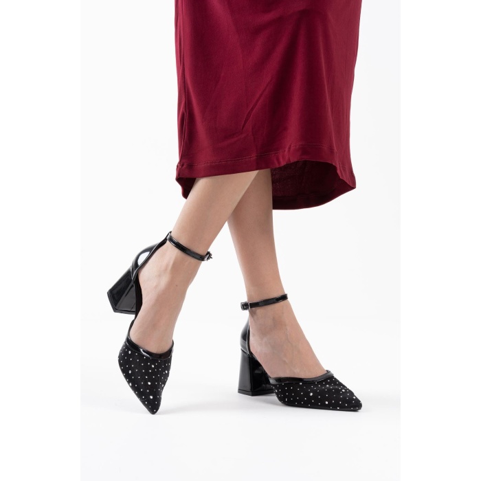 Borie Siyah Tekstil Kumaş Taşlı Kadın Topuklu Ayakkabı