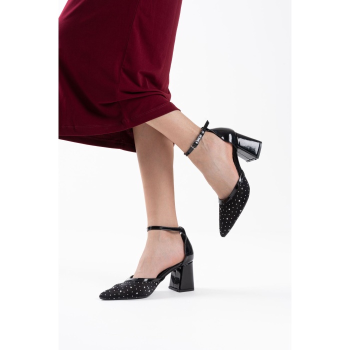 Borie Siyah Tekstil Kumaş Taşlı Kadın Topuklu Ayakkabı