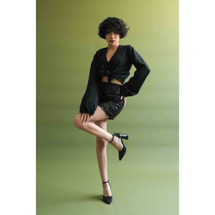 Borie Siyah Tekstil Kumaş Taşlı Kadın Topuklu Ayakkabı