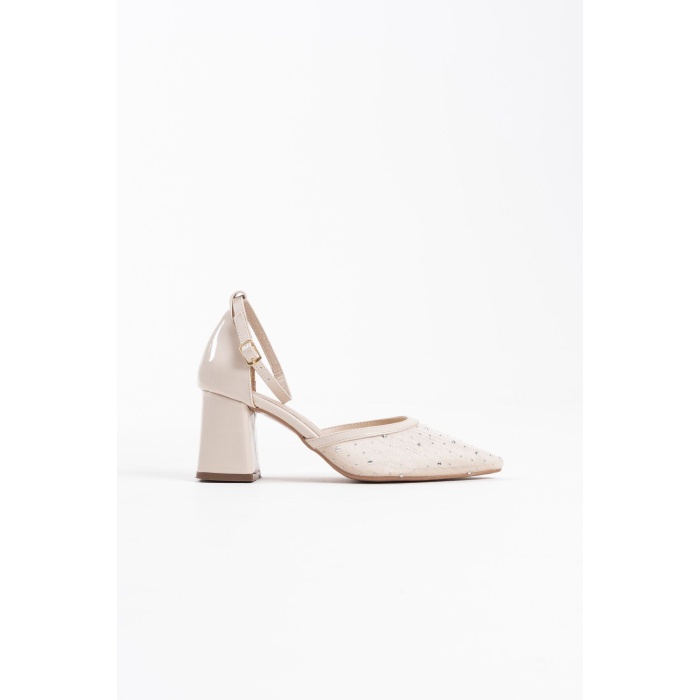 Borie Bej Tekstil Kumaş Taşlı Kadın Topuklu Ayakkabı