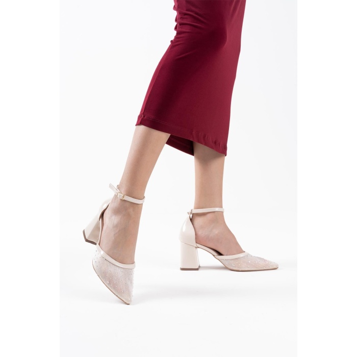 Borie Bej Tekstil Kumaş Taşlı Kadın Topuklu Ayakkabı