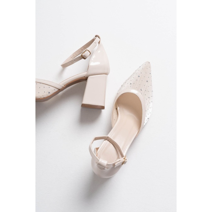 Borie Bej Tekstil Kumaş Taşlı Kadın Topuklu Ayakkabı