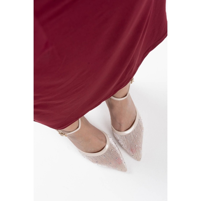 Borie Bej Tekstil Kumaş Taşlı Kadın Topuklu Ayakkabı