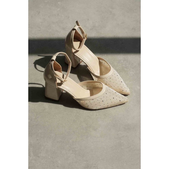 Borie Bej Tekstil Kumaş Taşlı Kadın Topuklu Ayakkabı