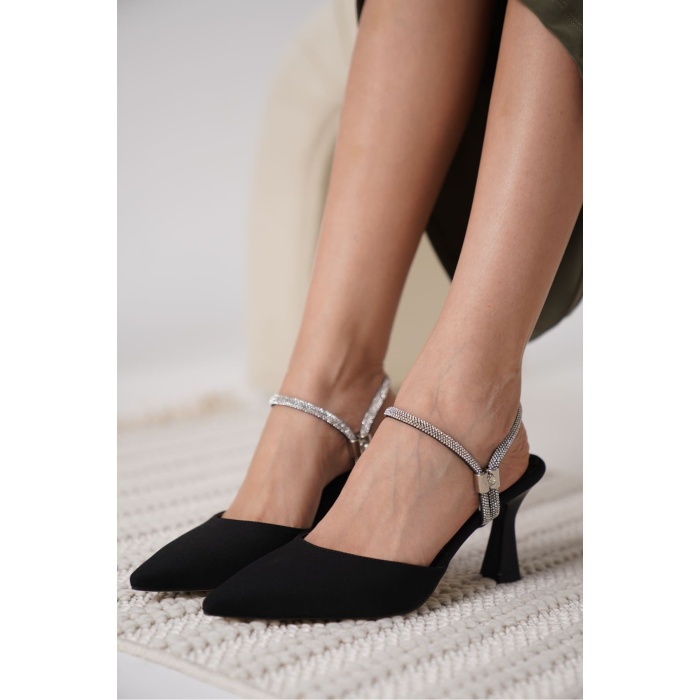 Georgina Kadın Taşlı Siyah Saten Topuklu Ayakkabı