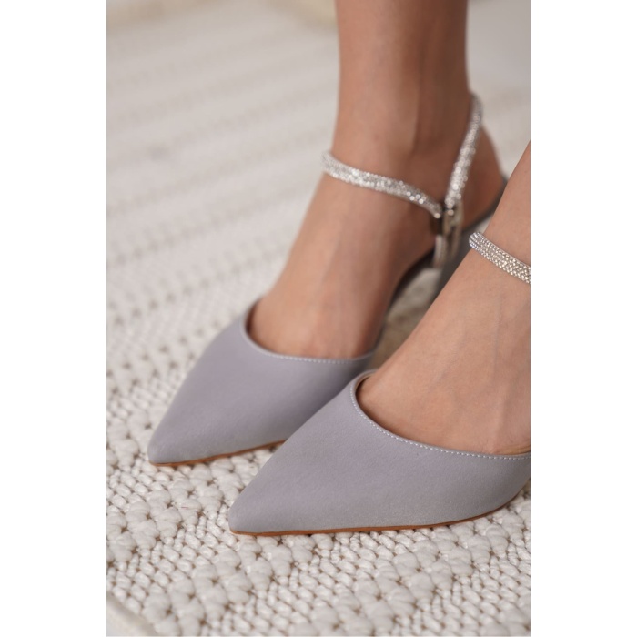 Georgina Kadın Taşlı Gri Saten Topuklu Ayakkabı