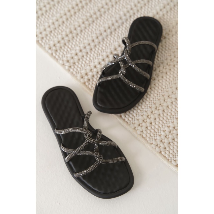 Loren Siyah Kadın Taşlı Terlik