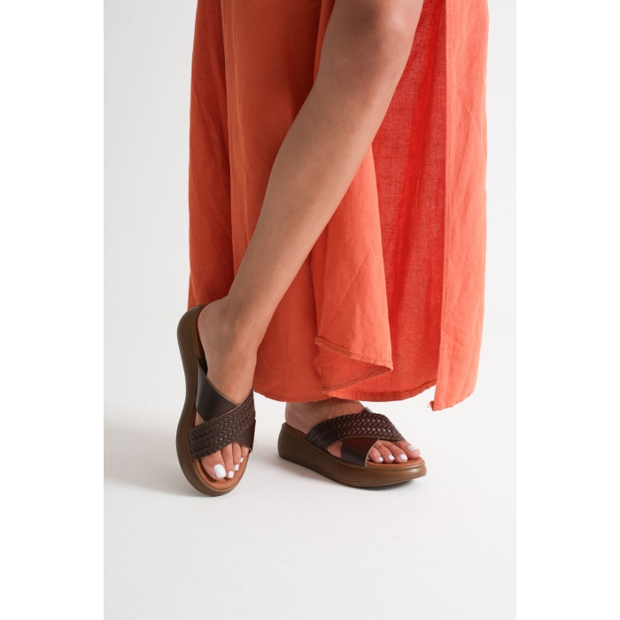 Fayn Acı Kahve Örgü Desenli Hakiki Deri Terlik