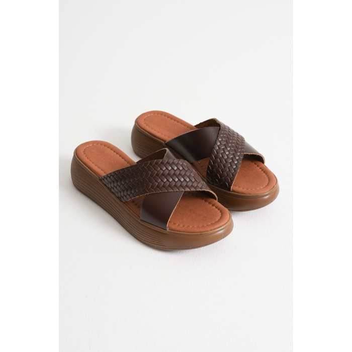 Fayn Acı Kahve Örgü Desenli Hakiki Deri Terlik