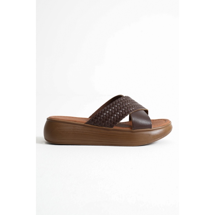 Fayn Acı Kahve Örgü Desenli Hakiki Deri Terlik