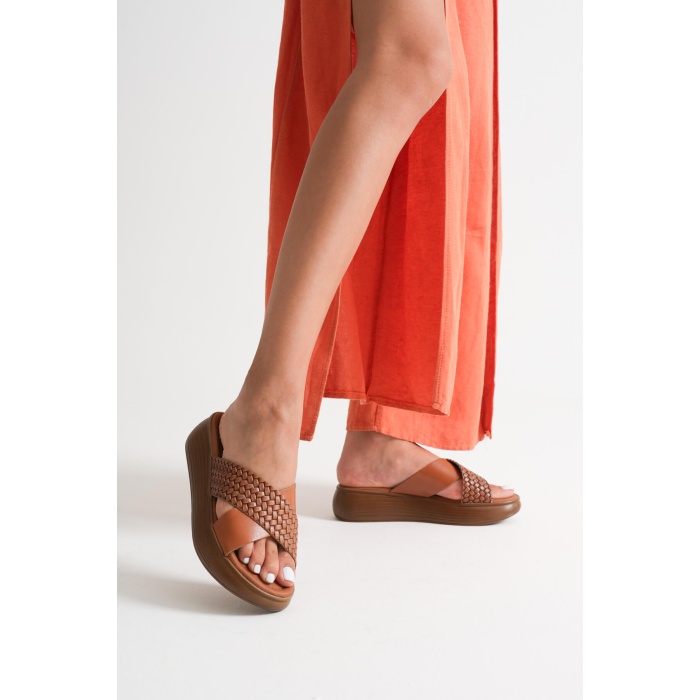 Fayn Taba Örgü Desenli Hakiki Deri Terlik