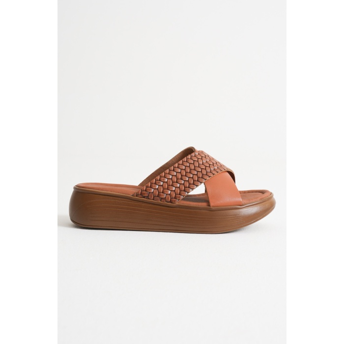 Fayn Taba Örgü Desenli Hakiki Deri Terlik