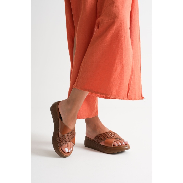 Fayn Taba Örgü Desenli Hakiki Deri Terlik