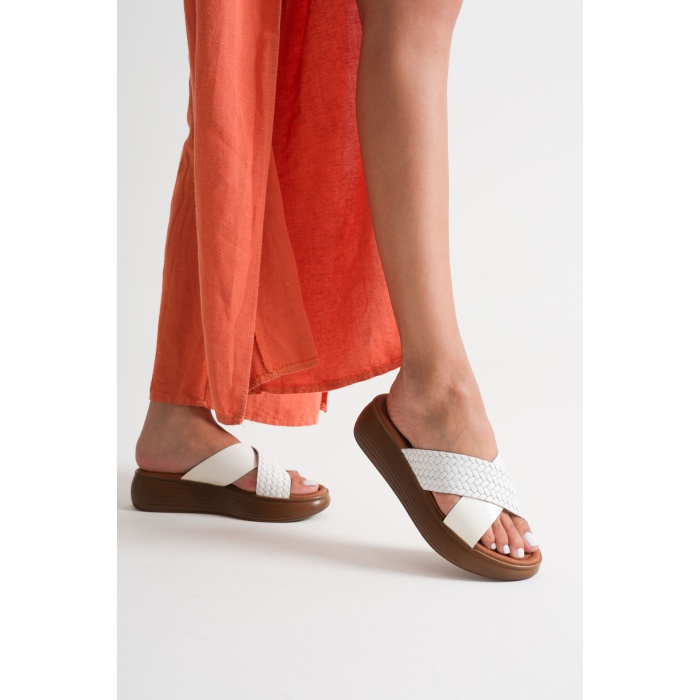 Fayn Beyaz Hakiki Deri Terlik