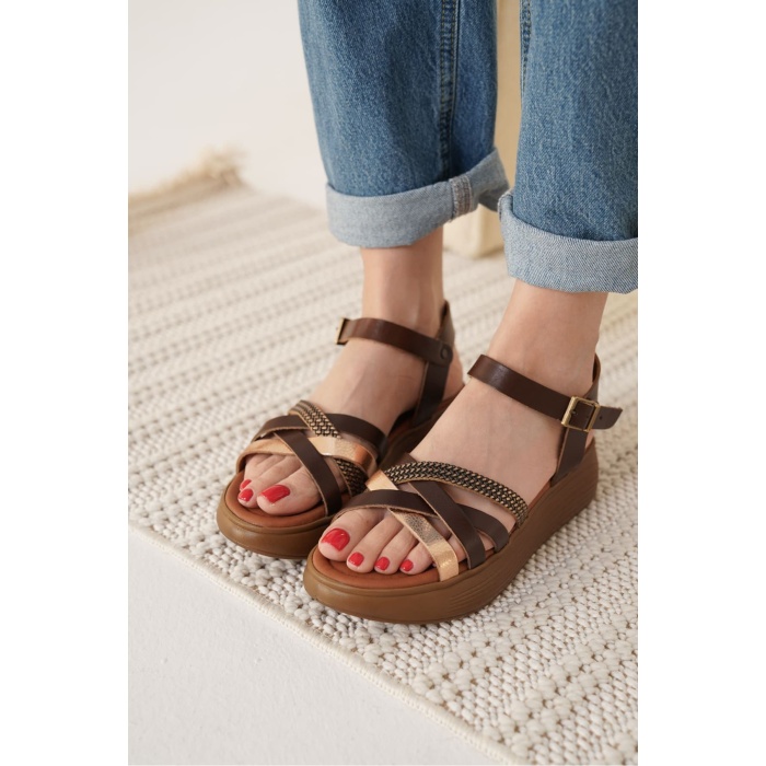 Herry Acı Kahve Altın Detaylı Hakiki Deri Sandalet