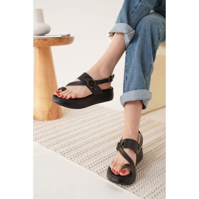 Likya Siyah Hakiki Deri Sandalet