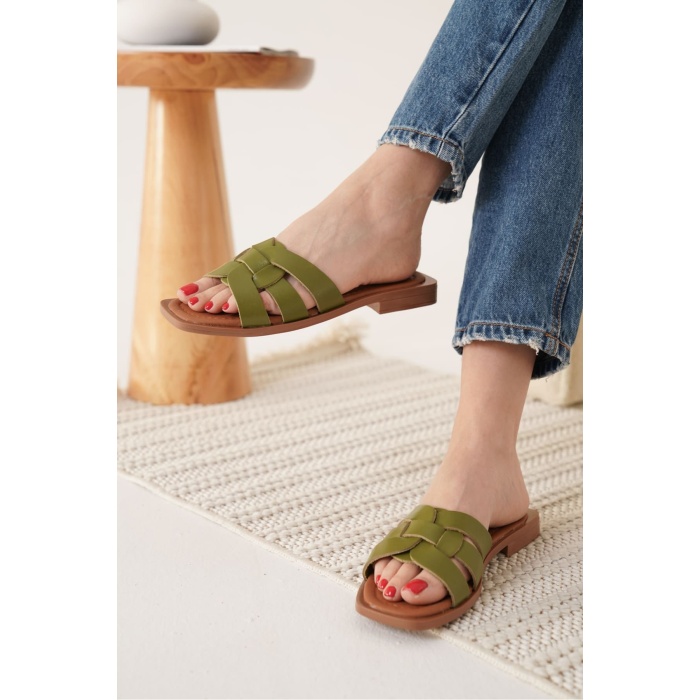 Marlen Haki Yeşili Hakiki Deri Terlik