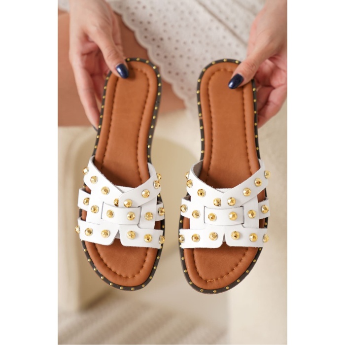 Loose Beyaz Hakiki Deri Terlik