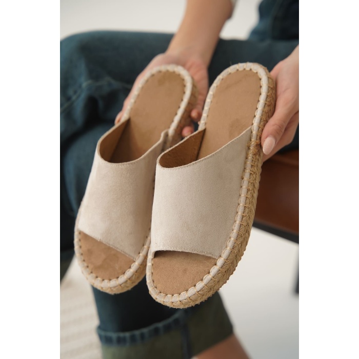 Grey Süet Bej Kadın Terlik