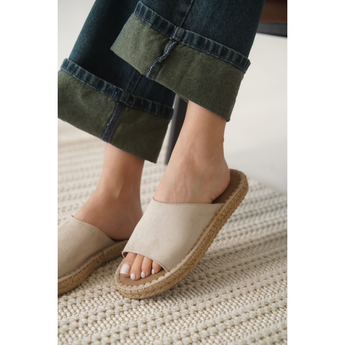 Grey Süet Bej Kadın Terlik