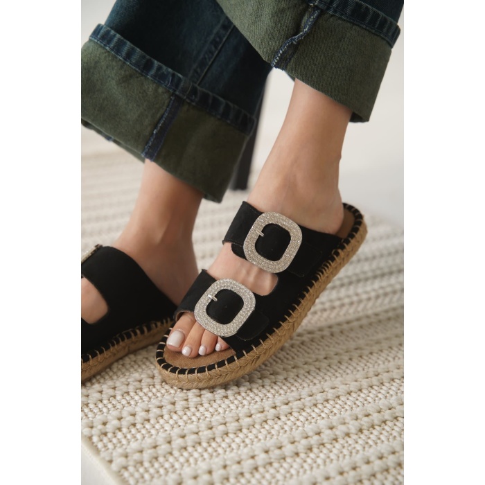 Tyna Süet Siyah Taşlı Kadın Terlik