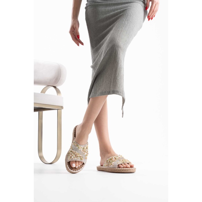 Dennis Kadın Bej Taş İşlemeli Terlik