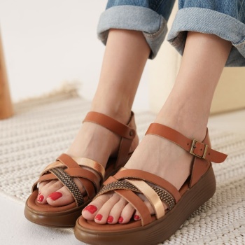 Herry Taba Altın Detaylı Hakiki Deri Sandalet