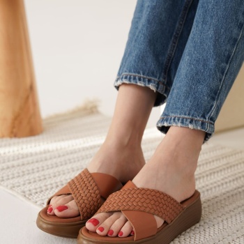 Fayn Taba Örgü Desenli Hakiki Deri Terlik