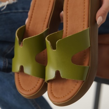 Borlina Haki Yeşil Hakiki Deri Terlik